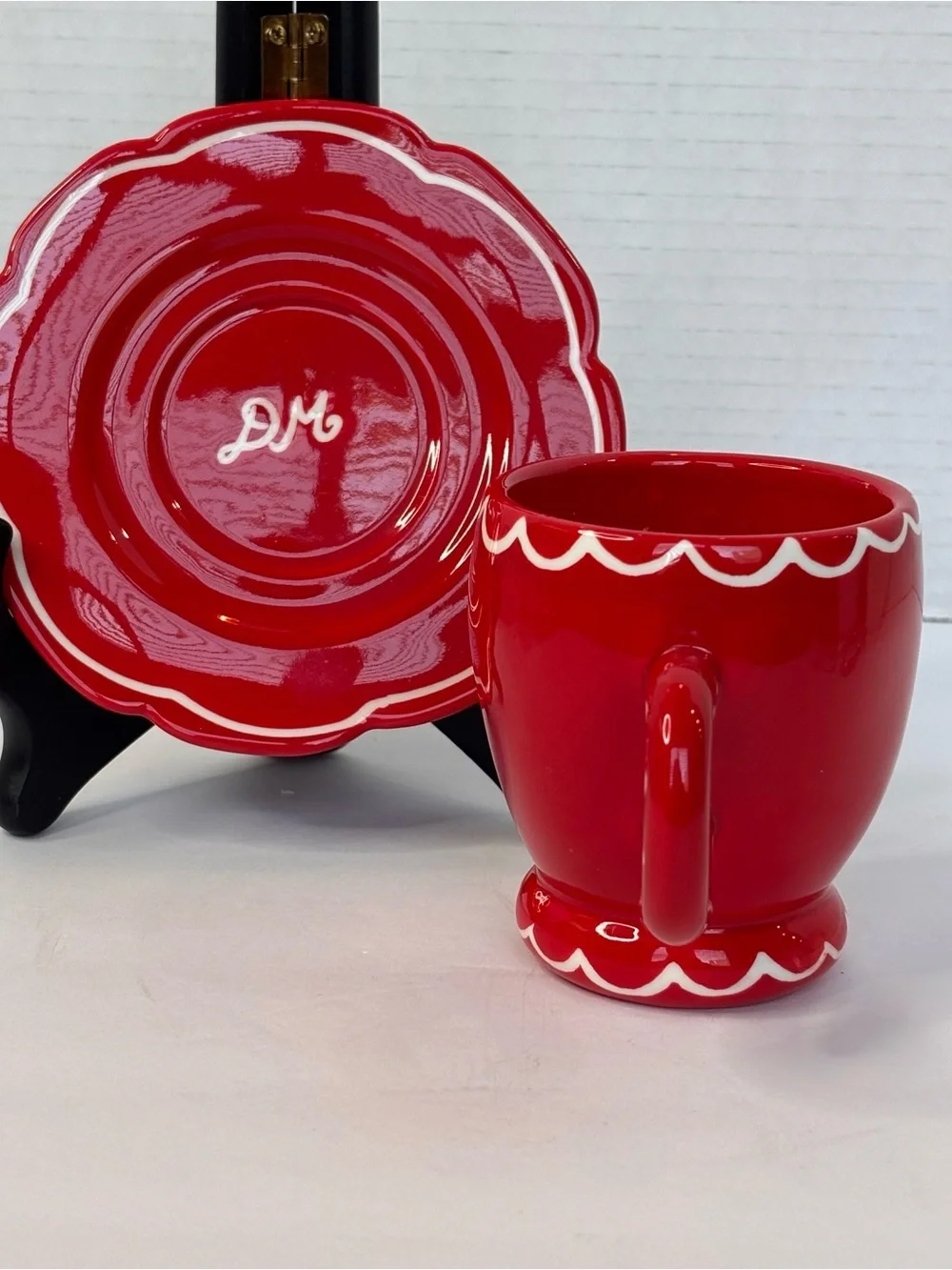 Damson Madder X Anthropologie Hand Painted Espresso Cup & Saucer Red & White NWT